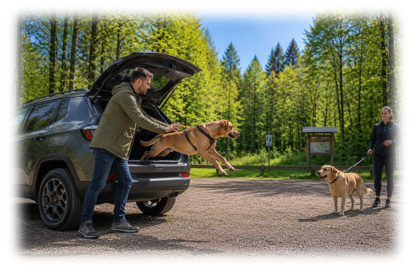 Hund springt aus dem Kofferraum eines Autos