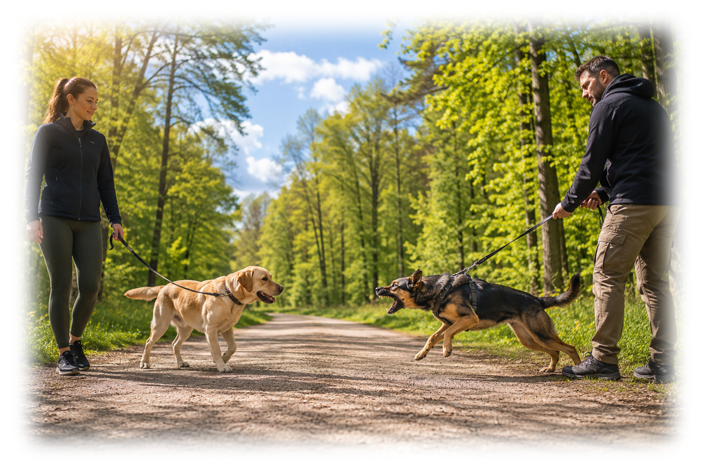 Zwei Hunde begegnen sich beim Gassigehen